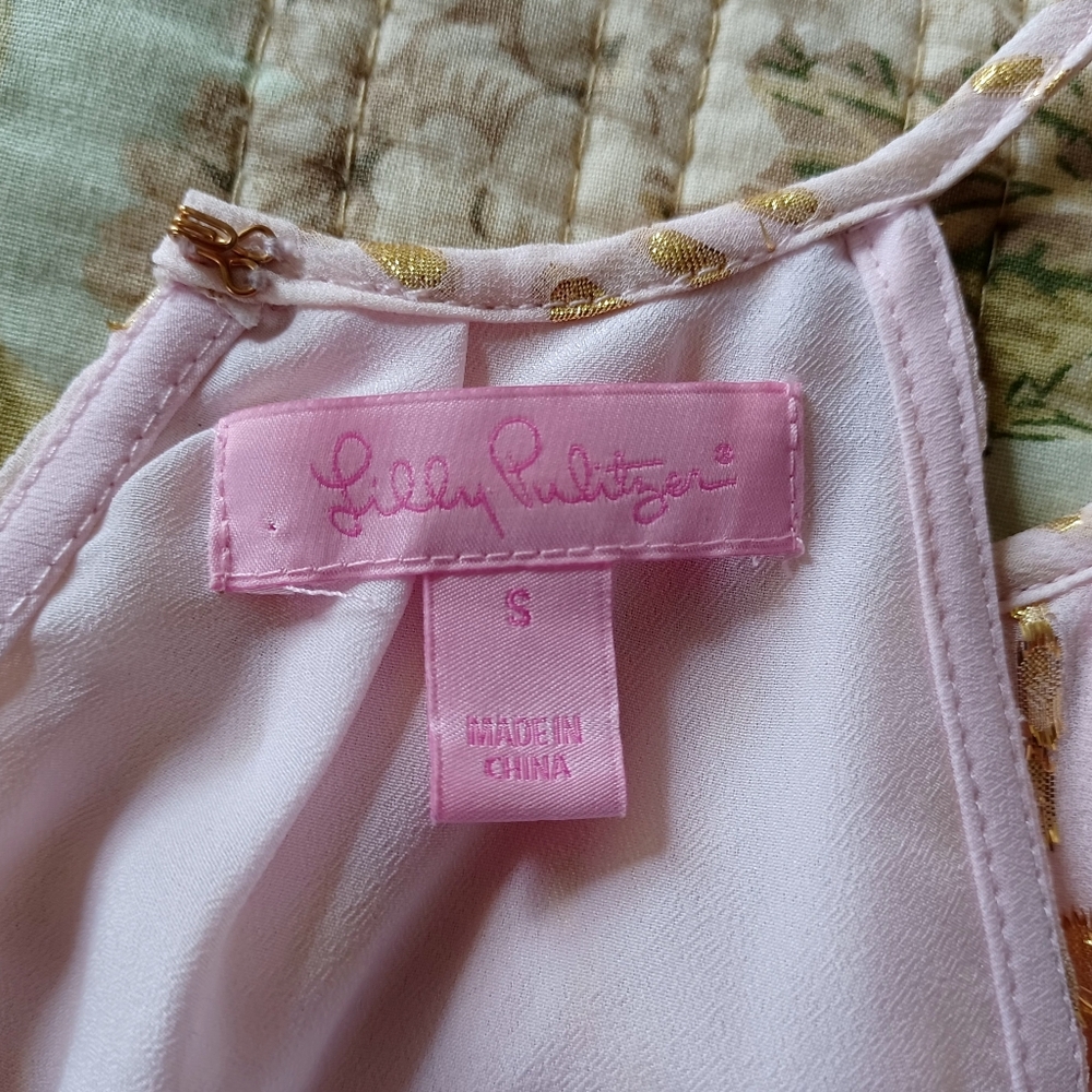 Lilly Pulitzer Silk Pink Tank Top with Gold Foil Spots, Size XS/S - Picture 16 of 16